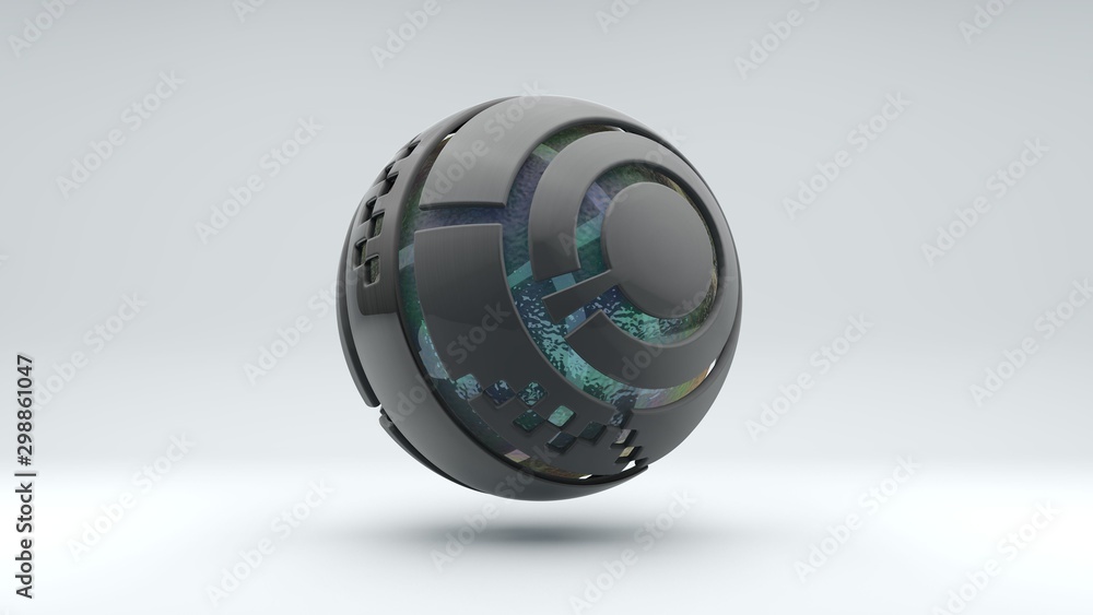 Poster 3d rendering of a large metal sphere consisting of many segments. inside the sphere is a large trans