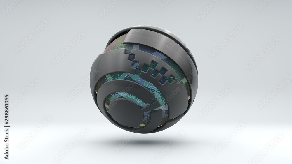 Poster 3d rendering of a large metal sphere consisting of many segments. inside the sphere is a large trans