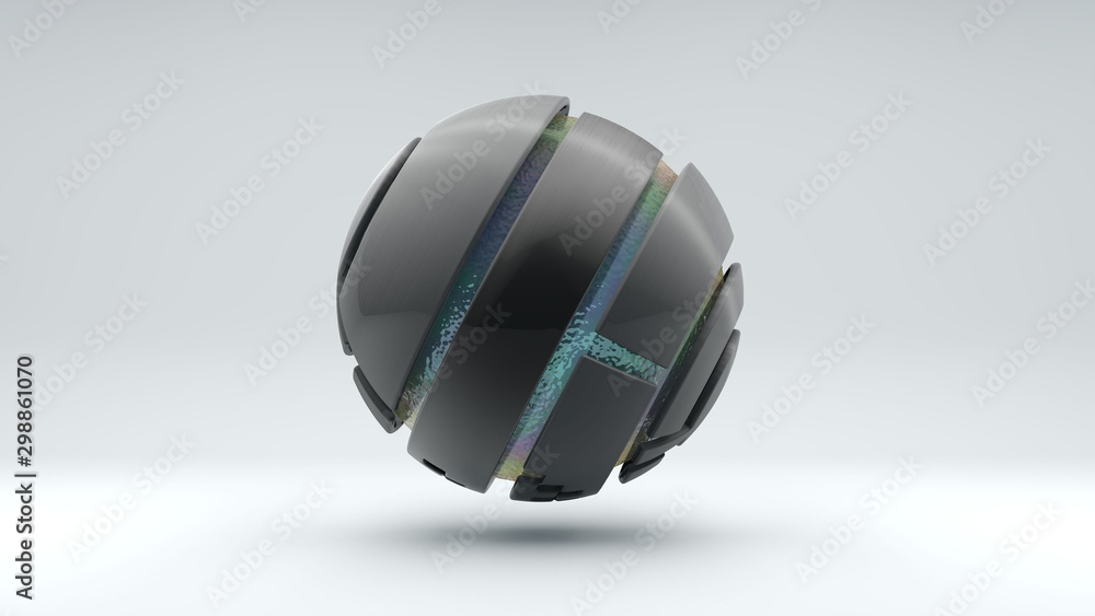 Poster 3d rendering of a large metal sphere consisting of many segments. inside the sphere is a large trans