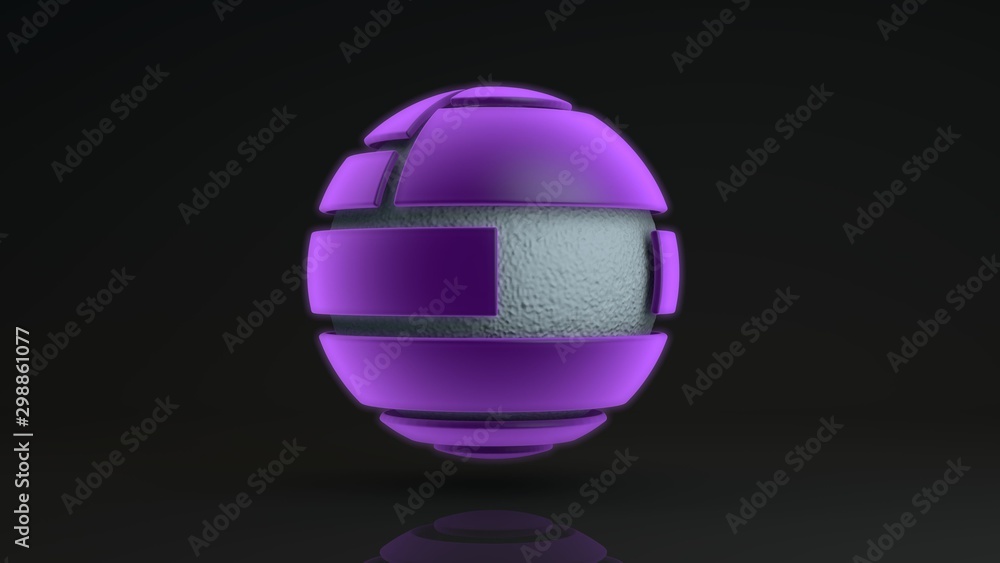 Poster 3d rendering of a large purple sphere consisting of many segments. inside the glowing sphere is a me