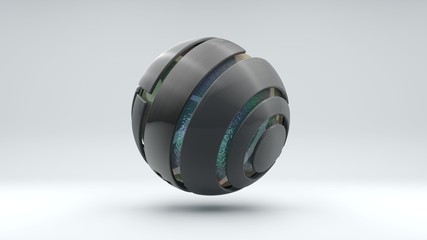 3D rendering of a large metal sphere consisting of many segments. Inside the sphere is a large transparent ball with an iridescent surface, liquid. Element of futuristic design, geometric abstraction.