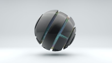 3D rendering of a large metal sphere consisting of many segments. Inside the sphere is a large transparent ball with an iridescent surface, liquid. Element of futuristic design, geometric abstraction.