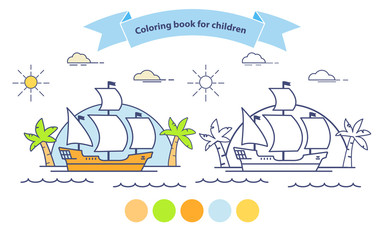 A voyage on a galleon palm tree.Sailing ship coloring book for children. Outlined doodle.Flat vector.