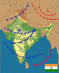 Weather map of the India. Meteorological forecast on physical map background. Editable vector illustration of a generic weather map showing isobars and weather fronts. EPS 10 - obrazy, fototapety, plakaty