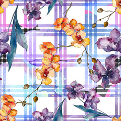 Orchid floral botanical flowers. Watercolor background illustration set. Seamless background pattern.