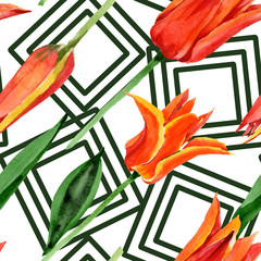 Orange tulip floral botanical flowers. Watercolor background illustration set. Seamless background pattern.