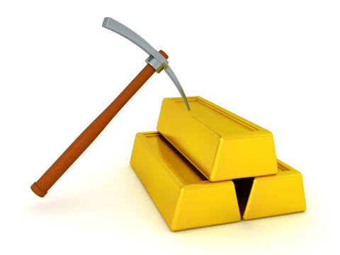 3D Rendering of pick axe and gold bars