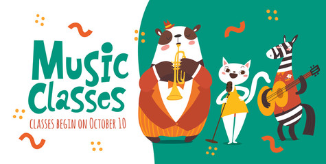 Vector music classes advertisement flyer design with cute animals playing music