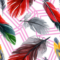 Cotton fabric Colorful bird feather from wing isolated. Watercolour drawing fashion aquarelle. Fabric wallpaper print texture.