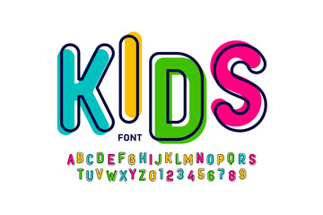 Kids style colorful font, playful alphabet letters and numbers 