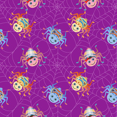 Cute spider and web on purple background seamless pattern.