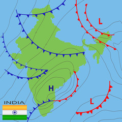 Weather map of the India. Realistic synoptic map of the India showing isobars and weather fronts. Meteorological forecast. Topography and physical map of country with national flag. Vector EPS 10 - obrazy, fototapety, plakaty