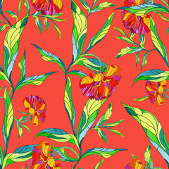 Seamless floral print on a bright red background. Endless repeating print of watercolor flowers and leaves. lush red buds with colorful petals. hand-drawn elements.