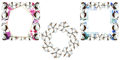 White cotton floral botanical flowers. Watercolor background illustration set. Frame border ornament square.