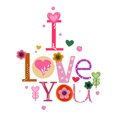 I Love You Text decorated with heart and flowers. Illustration Heart Love couple with flowers and leaves. Celebration my love	