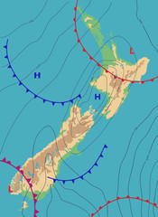 Realistic weather map of the New Zealand showing isobars and weather fronts. Meteorological forecast. Topography map. Vector illustration. EPS 10 - obrazy, fototapety, plakaty