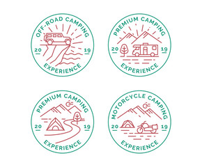 Set of camping vector line logo, badges. Emblems of a camper van, suv and motorcycle tourism.