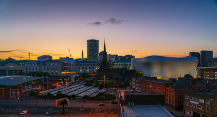 Birmingham city skyline at dusk, UK