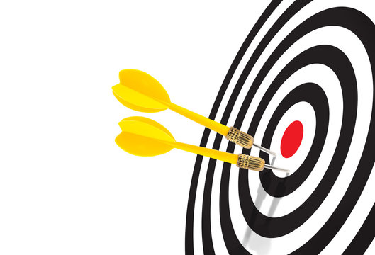 Yellow darts miss the target on white background, close up, do not miss the best oppotunity concept, great oppotunity do not come everyday do your best concept