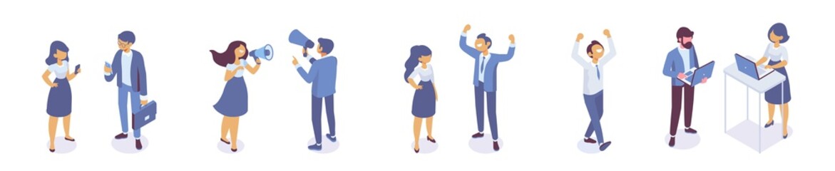 Isometric business men and women standing and having conversation. Horizontal banner. Talking. Business people team. Disscussing new idea. Coworkers. Vector isolated isometric characters.