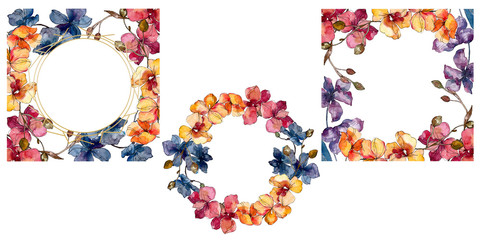 Orchid floral botanical flowers. Watercolor background illustration set. Frame border ornament square.