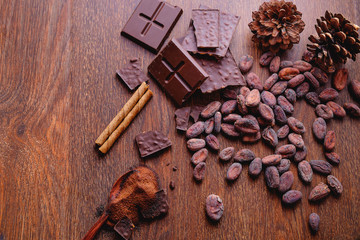 Chocolate bars and powdered chocolate With cocoa beans