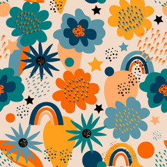 Cute childish seamless pattern. Abstract childish seamless pattern with hand drawn rainbows, flowers and dots. Trendy kids background, vector
