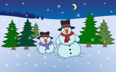 Two snowman and snowfall with landscape and moon. Vector illustration