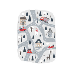 Christmas poster with a map of the winter village. Vector illustration with houses, mountains, trees, cars and animals in a simple Scandinavian style