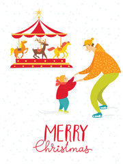 Merry Christmas vector card with family having fun