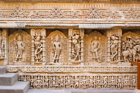 The hindu wall sculptures from rani ki vav stepwell in gujarat of india