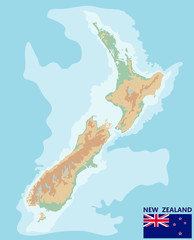 New Zealand. Vector geographic map of the New Zealand. Large detailed topographic map with contours, rivers, lakes, mountains. Physical map with national flag. Vector illustration