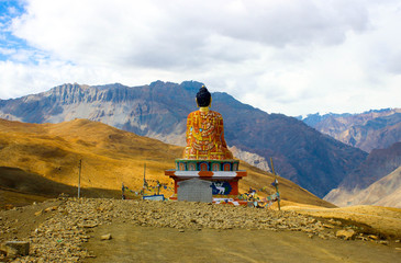 Langza Buddha Statue on the hills in Spiti Valley at a higher altitude, Himalayas, India
