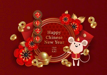 2020 Chinese New Year Rat zodiac sign design. Red and golden festive background with cute rat, peony flowers, gold ingot, falling coins, red envelope for money, yuanbao. Vector