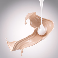 flow of liquid foundation splash with milk cream, 3d illustration.