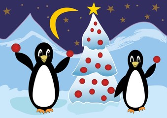 Two penguins in ice mountains with christmas tree, cute christmas card with animals playing with christmas balls, vector illustration