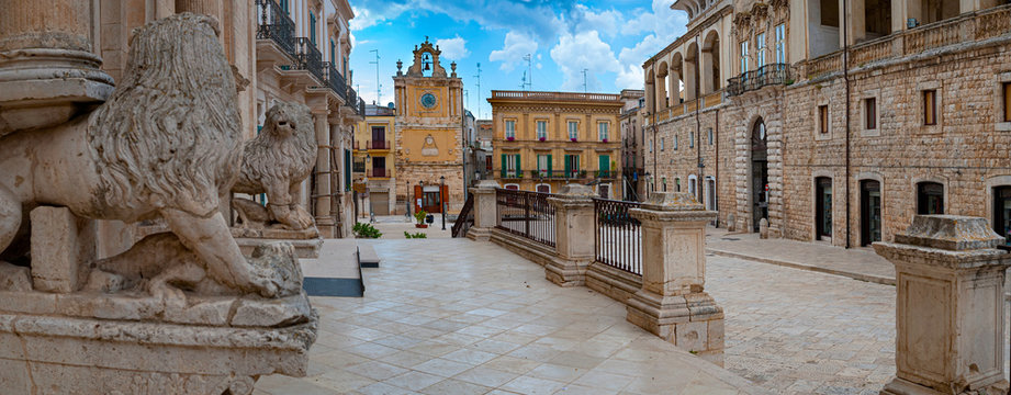 Cathedral of Acquaviva delle fonti. Apulia. Italy. Perspective of the Cathedral, the clock tower and of the Renaissance palace