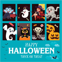 Vintage Halloween poster design with vector vampire, ghost, demon, witch, ghost, skeleton, pumpkin, jack o lantern, character set. 