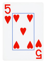 Five of Hearts playing card - isolated on white (clipping path included)