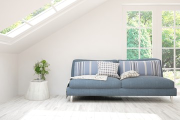 Stylish room in white color with sofa and summer landscape in window. Scandinavian interior design. 3D illustration