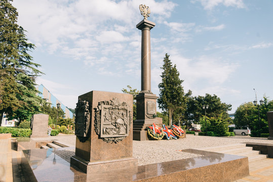 Tuapse, Russia, 14 May 2018: monument-stela "City of military glory" on the square.