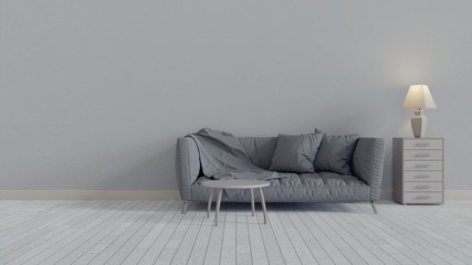 The interior has a White sofa and lamp on empty white wall background,3D rendering © volodyar