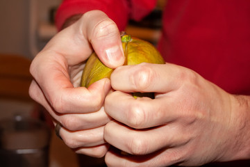 Man's hands divide mango into slices. Selective focus