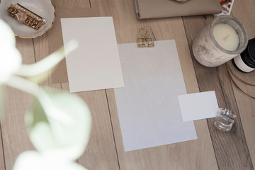 Object mock up image. White blank paper in fancy modern inetior. Nobody on photo. Space for text