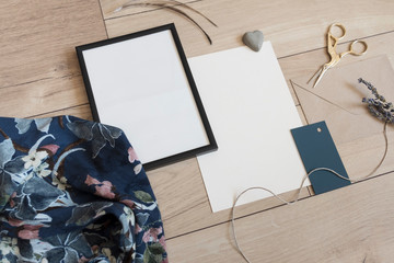 Object mock up image. White blank paper in fancy modern inetior. Nobody on photo. Space for text