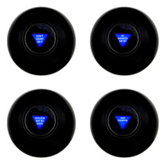 Set of four magic 8 balls with negative predictions isolated on white background