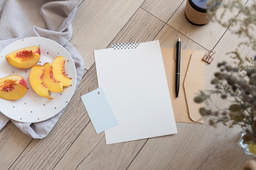 Object mock up image. White blank paper in fancy modern inetior. Nobody on photo. Space for text
