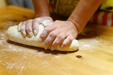hands of a woman knead the dough on the table