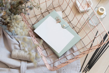 Object mock up image. White blank paper in fancy modern inetior. Nobody on photo. Space for text