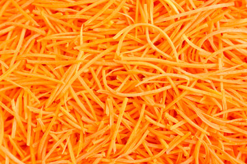 background of carrots cut into thin strips for pickled. korean carrots raw salad